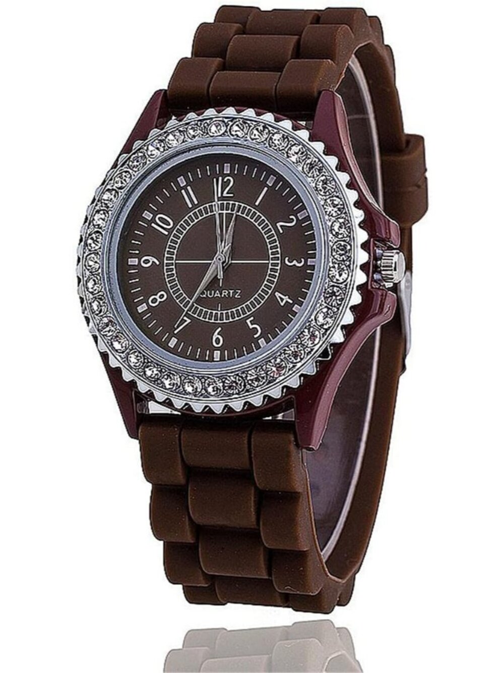 Women's Brown Analog Quartz Silicone Band Lady Digital Rhinestone Wrist Watch